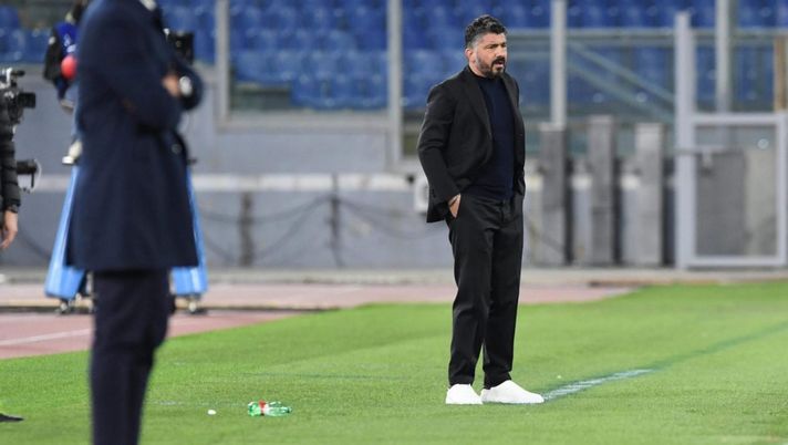 ROME, ITALY - MARCH 21: Gennaro Gattuso of Napoli looks on during the Serie A match between AS Roma and SSC Napoli at Stadio Olimpico on March 21, 2021 in Rome, Italy. (Photo by SSC NAPOLI/SSC NAPOLI via Getty Images) 