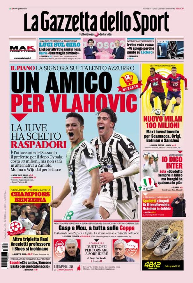 La Gazzetta dello Sport, la prima pagina di oggi, giovedì 7 aprile 2022