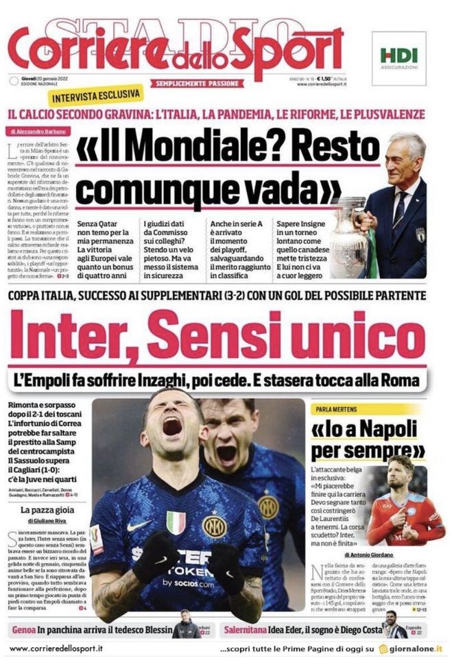 Prima Pagina, Corriere dello Sport: “Inter, Sensi unico. Il calcio secondo Gravina” - immagine 1