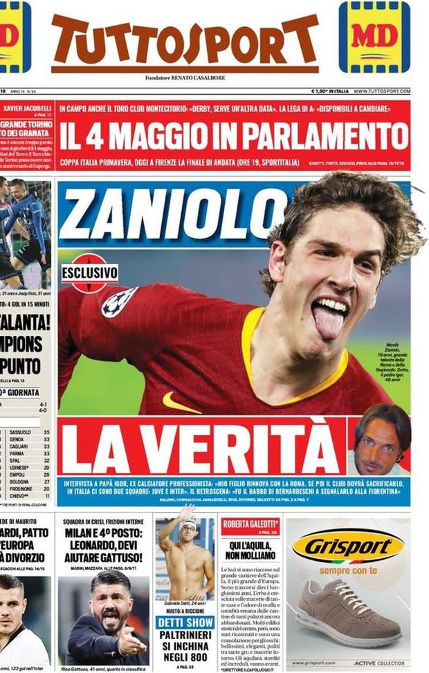 Prima Pagina, Tuttosport: “Zaniolo, la verità. Inter-Icardi, patto per l’Europa. Leonardo, aiuta Gattuso!” Prima Pagina, Tuttosport: “Zaniolo, la verità. Inter-Icardi, patto per l’Europa. Leonardo, aiuta Gattuso!”