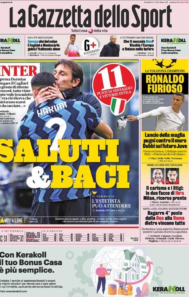 La Gazzetta dello Sport, la prima pagina di oggi, lunedì 12 aprile 2021 La Gazzetta dello Sport, la prima pagina di oggi, lunedì 12 aprile 2021