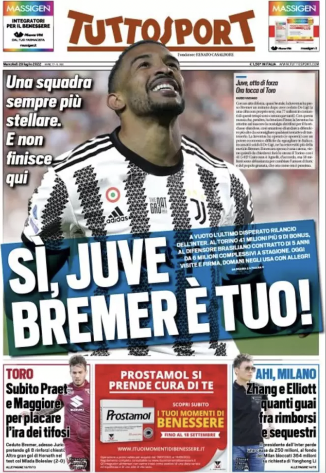 EDICOLA TS – Sì, Juve Bremer è tuo! Zhang e Elliott, quanti guai - immagine 1
