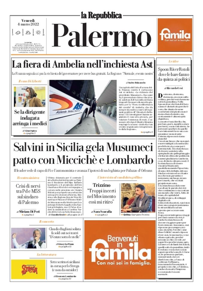 Prima Pagina, La Repubblica-Palermo: “Salvini, patto con Miccichè e Lombardo” - immagine 1