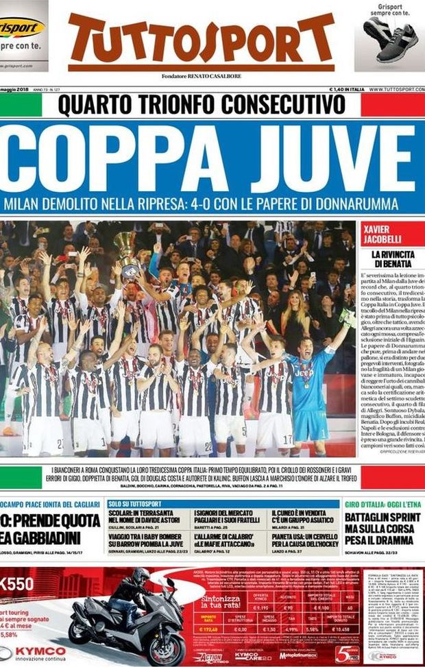 Prima Pagina, Tuttosport: “Coppa Juve, quarto trionfo consecutivo: Marchisio alza il trofeo. Toro: idea Gabbiadini e Ionita…” Prima Pagina, Tuttosport: “Coppa Juve, quarto trionfo consecutivo: Marchisio alza il trofeo. Toro: idea Gabbiadini e Ionita…”