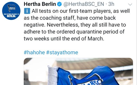 La dichiarazione dell'Hertha che parla di test negativi dopo un unico caso di contagio 