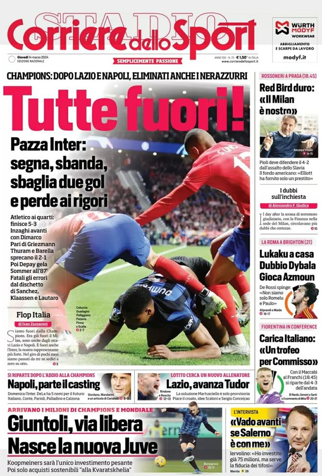EDICOLA / CdS: Tutte fuori. Pazza Inter: segna, sbanda, sbaglia due gol e perde ai rigori - immagine 1