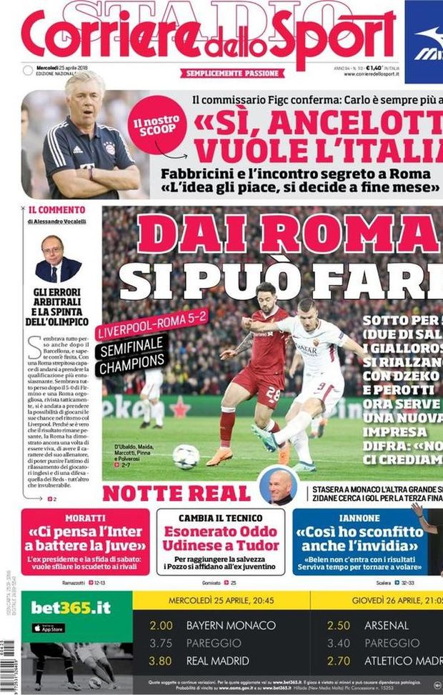Prima Pagina, Corriere dello Sport: “Dai Roma, si può fare! Sì, Ancelotti vuole l’Italia. Moratti: ‘Ci pensa l’Inter a battere la Juve’…” Prima Pagina, Corriere dello Sport: “Dai Roma, si può fare! Sì, Ancelotti vuole l’Italia. Moratti: ‘Ci pensa l’Inter a battere la Juve’…”