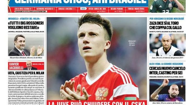 Prima Pagina, Tuttosport: “Golovin, la svolta. Germania choc, ahi Brasile. Zamparini-Stirpe, infuria la polemica…”  Prima Pagina, Tuttosport: “Golovin, la svolta. Germania choc, ahi Brasile. Zamparini-Stirpe, infuria la polemica…”