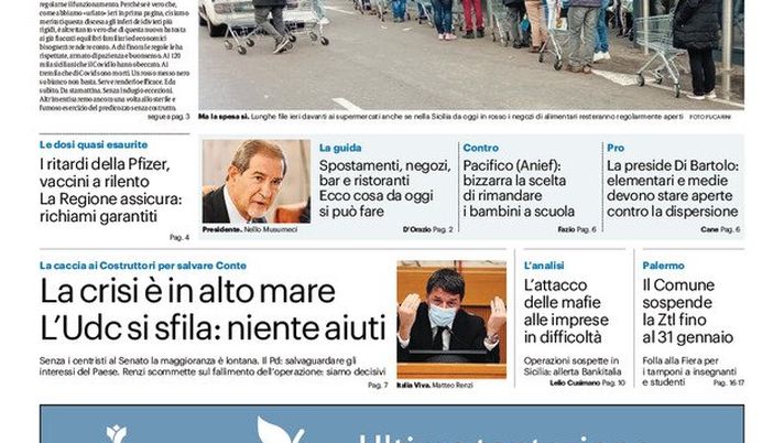 Prima Pagina, Giornale di Sicilia: “La Sicilia parte col rosso fisso. Prefetture in campo” Prima Pagina, Giornale di Sicilia: “La Sicilia parte col rosso fisso. Prefetture in campo”