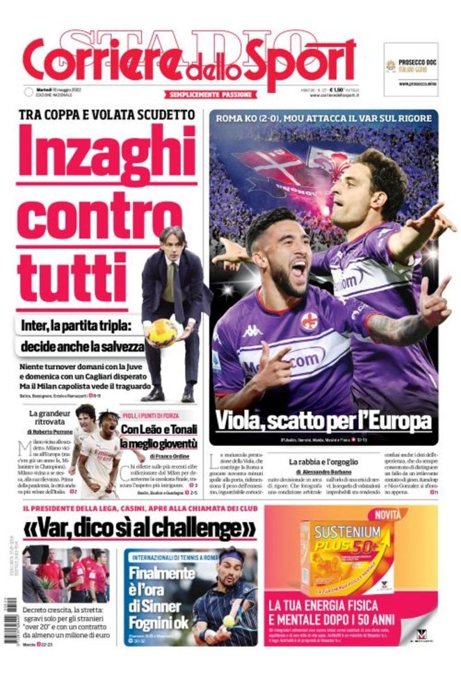 Prima Pagina, Corriere dello Sport: “Inzaghi contro tutti. Viola scatto Europa”  Prima Pagina