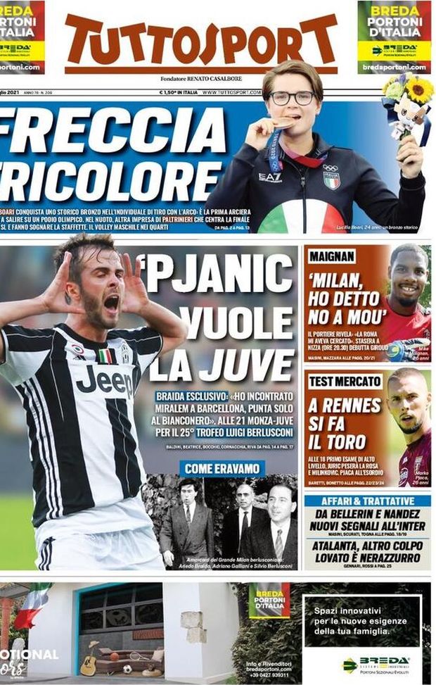 Prima Pagina, Tuttosport: “Freccia Tricolore! Pjanic vuole la Juve” 