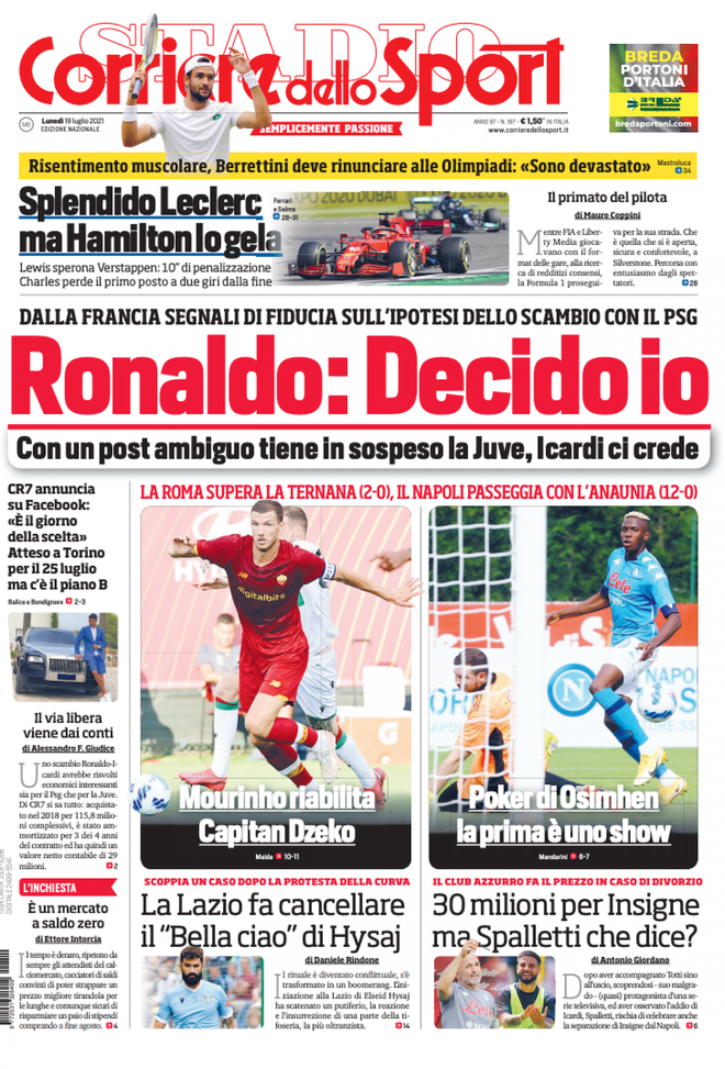 EDICOLA CDS – Cristiano Ronaldo tiene in sospeso la Juve, Icardi ci crede - immagine 1