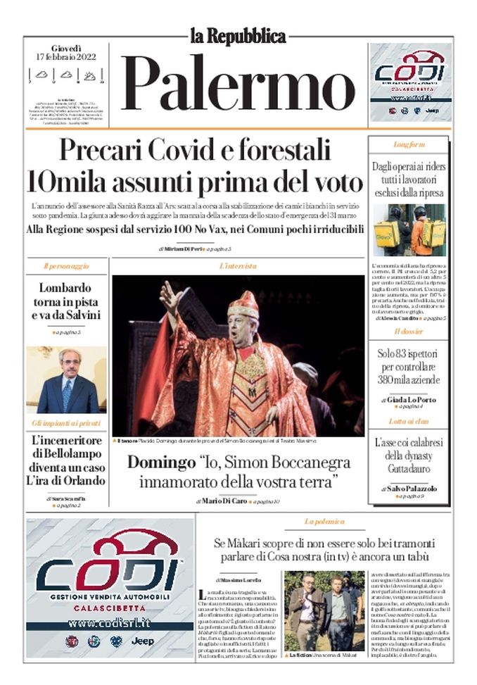 Prima Pagina, La Repubblica-Palermo: “Precari Covid e forestali: 10mila assunti prima del voto“ - immagine 1