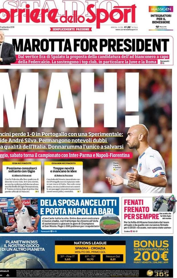 Prima Pagina, Corriere dello Sport: “Mah! Marotta for president. Dela porta Napoli a Bari…” Prima Pagina, Corriere dello Sport: “Mah! Marotta for president. Dela porta Napoli a Bari…”