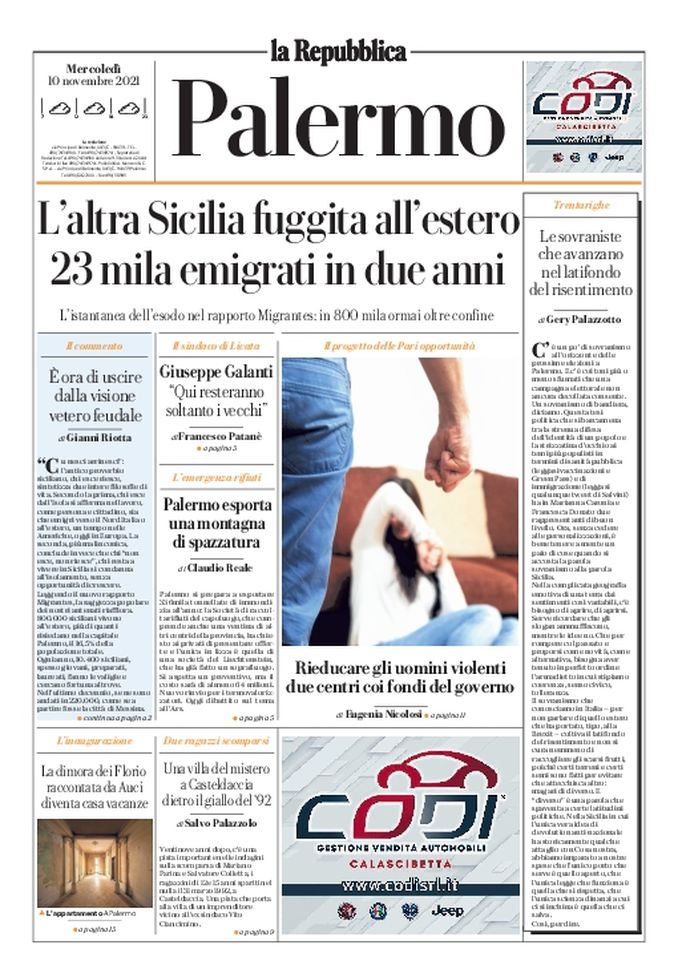 Prima Pagina, La Repubblica-Palermo: “Sicilia, 23 mila emigrati in due anni”  Prima Pagina, La Repubblica-Palermo: “Sicilia, 23 mila emigrati in due anni” - immagine 1