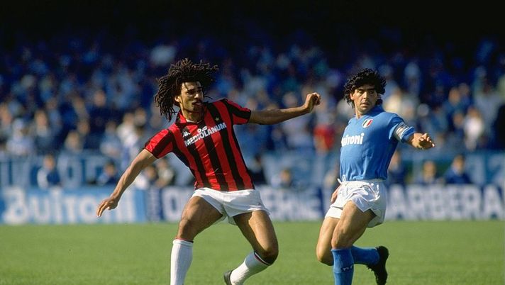 May 1988:  Ruud Gullit of AC Milan and Diego Maradona in action during the Italian Serie A in Napoli, Italy. Milan won the match 3-2.  Mandatory Credit: Allsport UK /Allsport 