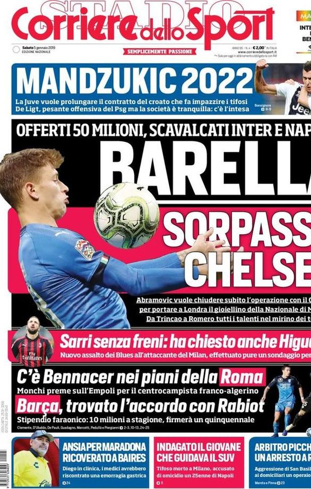 Prima Pagina, Corriere dello Sport: “Barella, sorpasso Chelsea. Mandzukic 2022. Ansia per Maradona…” Prima Pagina, Corriere dello Sport: “Barella, sorpasso Chelsea. Mandzukic 2022. Ansia per Maradona…”