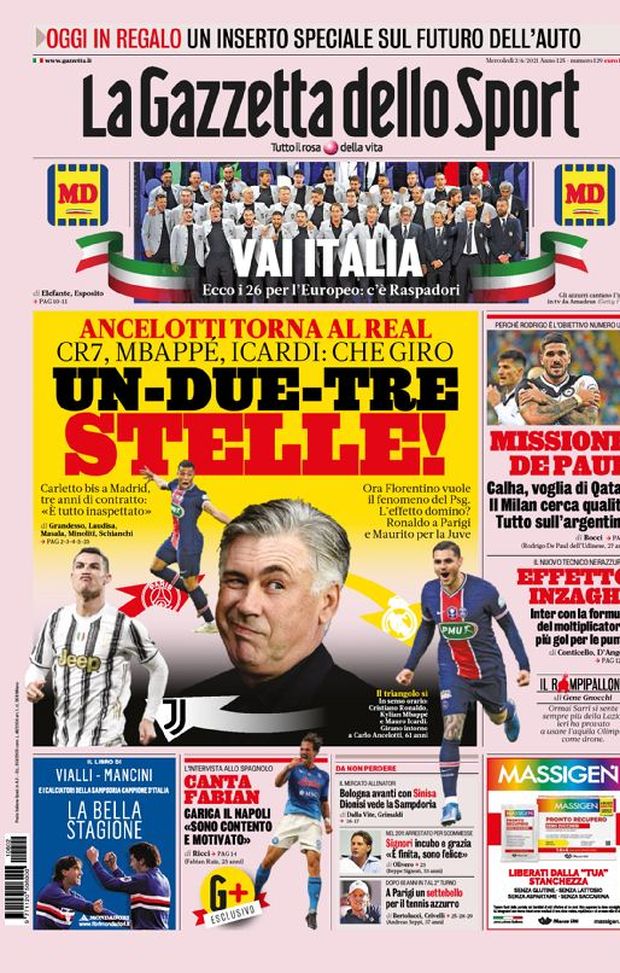 Prima Pagina, La Gazzetta dello Sport: “Un-due-tre stelle! CR7, Mbappé, Icardi: che giro”  Prima Pagina, La Gazzetta dello Sport: “Un-due-tre stelle! CR7, Mbappé, Icardi: che giro”