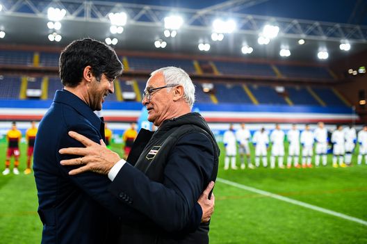 GENOA, ITALY - MAY 2: Paulo Fonseca head coach of Roma (L) greets Claudio Ranieri head coach of Sampdoria before the Serie A match between UC Sampdoria and AS Roma at Stadio Luigi Ferraris on May 2, 2021 in Genoa, Italy. (Photo by Getty Images) GENOA, ITALY - MAY 2: Paulo Fonseca head coach of Roma (L) greets Claudio Ranieri head coach of Sampdoria before the Serie A match between UC Sampdoria and AS Roma at Stadio Luigi Ferraris on May 2, 2021 in Genoa, Italy. (Photo by Getty Images)