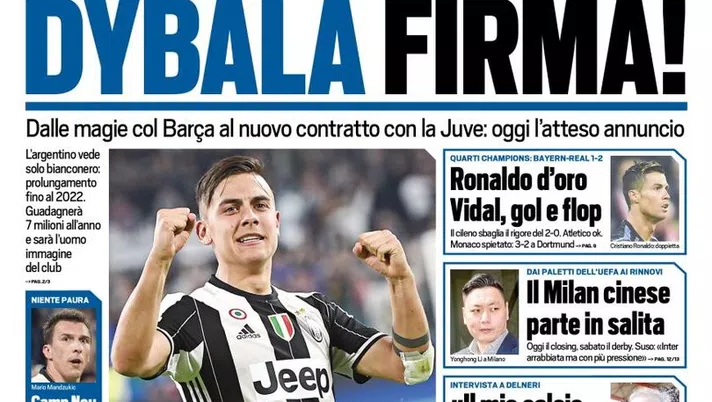 Prima Pagina, Tuttosport: &#8220;Dybala firma! Oggi l&#8217;atteso annuncio. Belotti, no del Toro al Chelsea&#8221;