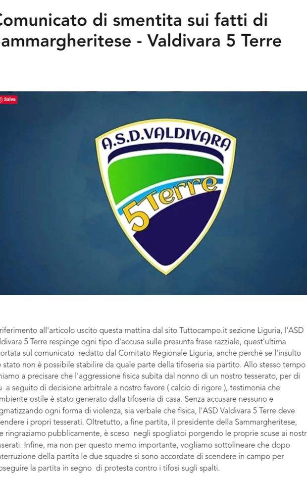 Non siamo razzisti e smentiamo insulti razzisti, parola del Valdivara 5 Terre 