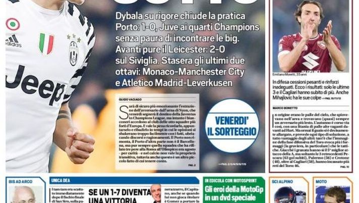 Prima Pagina, Tuttosport: &#8220;Fatevi sotto. Juventus ai quarti senza paura. Inter-Milan, vince Suning&#8221; 