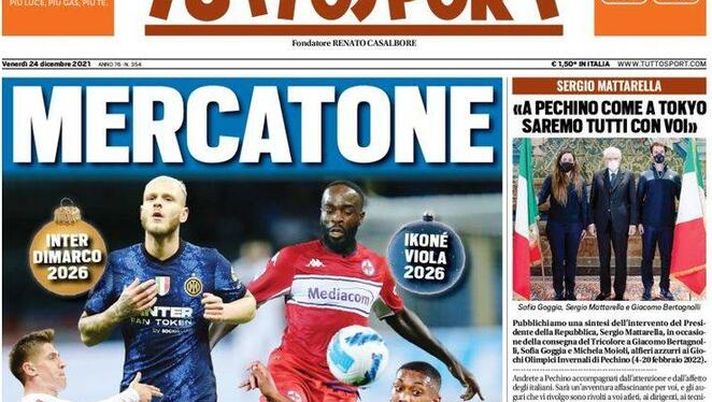 Prima Pagina, Tuttosport: “Mercatone di Natale. Allo stadio con la FFP2”  Prima Pagina