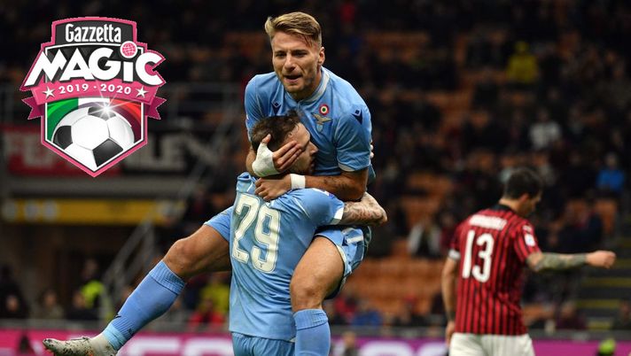 MILAN, ITALY - NOVEMBER 03: Ciro Immobile of SS Lazio celebrate a opening goal with his team mates during the Serie A match between AC Milan and SS Lazio at Stadio Giuseppe Meazza on November 3, 2019 in Milan, Italy. (Photo by Marco Rosi/Getty Images) MILAN, ITALY - NOVEMBER 03: Ciro Immobile of SS Lazio celebrate a opening goal with his team mates during the Serie A match between AC Milan and SS Lazio at Stadio Giuseppe Meazza on November 3, 2019 in Milan, Italy. (Photo by Marco Rosi/Getty Images)