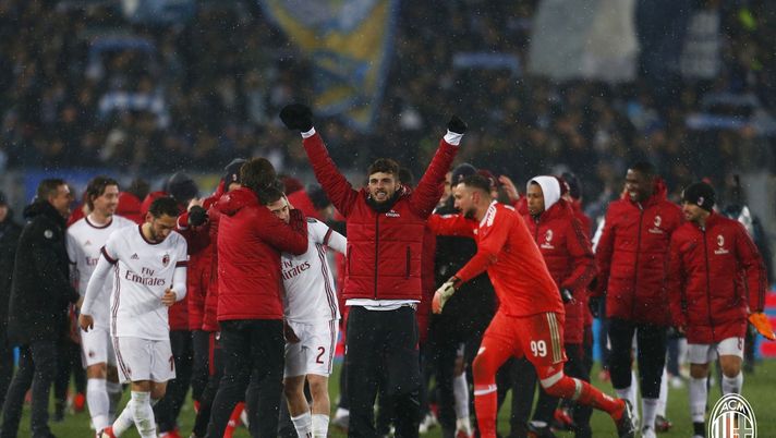 L'esultanza del Milan per aver conquistato la finale di Coppa Italia (credits: acmilan.com) esultanza Milan finale Coppa Italia