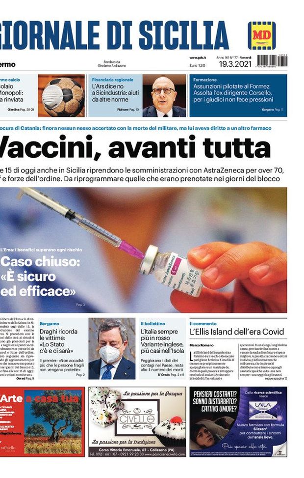 Prima Pagina, Giornale di Sicilia: “Vaccini, avanti tutta! Oggi in Sicilia riprendono le somministrazioni con AstraZeneca” Prima Pagina, Giornale di Sicilia: “Vaccini, avanti tutta! Oggi in Sicilia riprendono le somministrazioni con AstraZeneca”