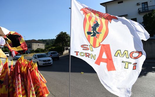 BENEVENTO, ITALY - JUNE 29: A flag on a stand celebrating the Benevento Calcio possible promotion during the serie B match between Benevento Calcio and SS Juve Stabia at Stadio Ciro Vigorito on June 29, 2020 in Benevento, Italy. (Photo by Francesco Pecoraro/Getty Images for Lega Serie B) BENEVENTO, ITALY - JUNE 29: A flag on a stand celebrating the Benevento Calcio possible promotion during the serie B match between Benevento Calcio and SS Juve Stabia at Stadio Ciro Vigorito on June 29, 2020 in Benevento, Italy. (Photo by Francesco Pecoraro/Getty Images for Lega Serie B)