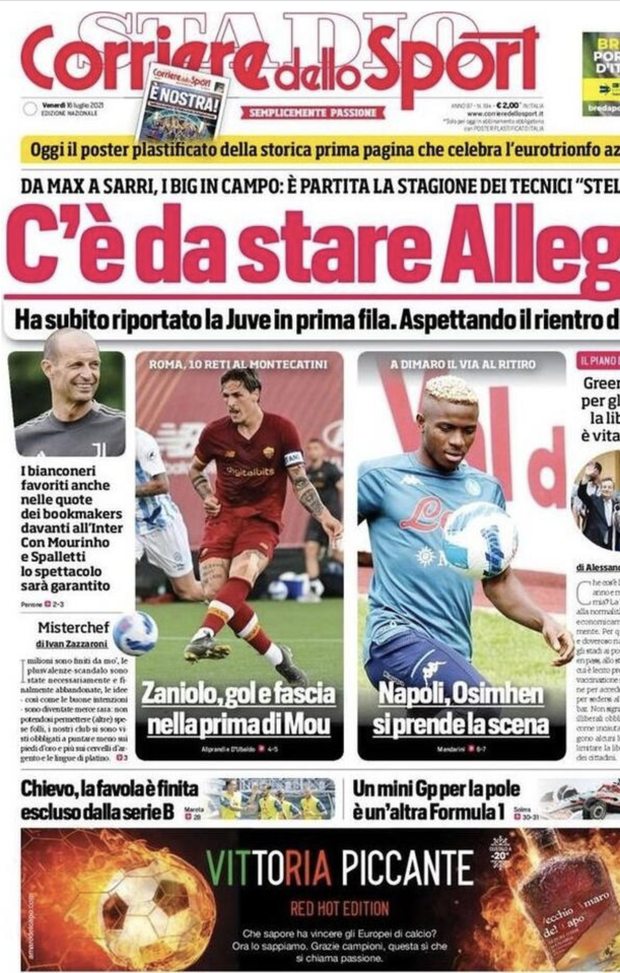 Prima Pagina, Corriere dello Sport: “C’è da stare Allegri. Zaniolo, gol e fascia” Prima Pagina, Corriere dello Sport: “C’è da stare Allegri. Zaniolo, gol e fascia”