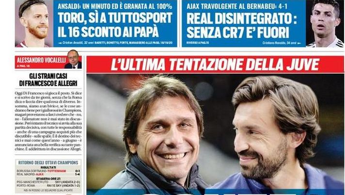 Prima Pagina, Tuttosport: “Conte con Pirlo! Real disintegrato. Zhang congela Icardi…” 
