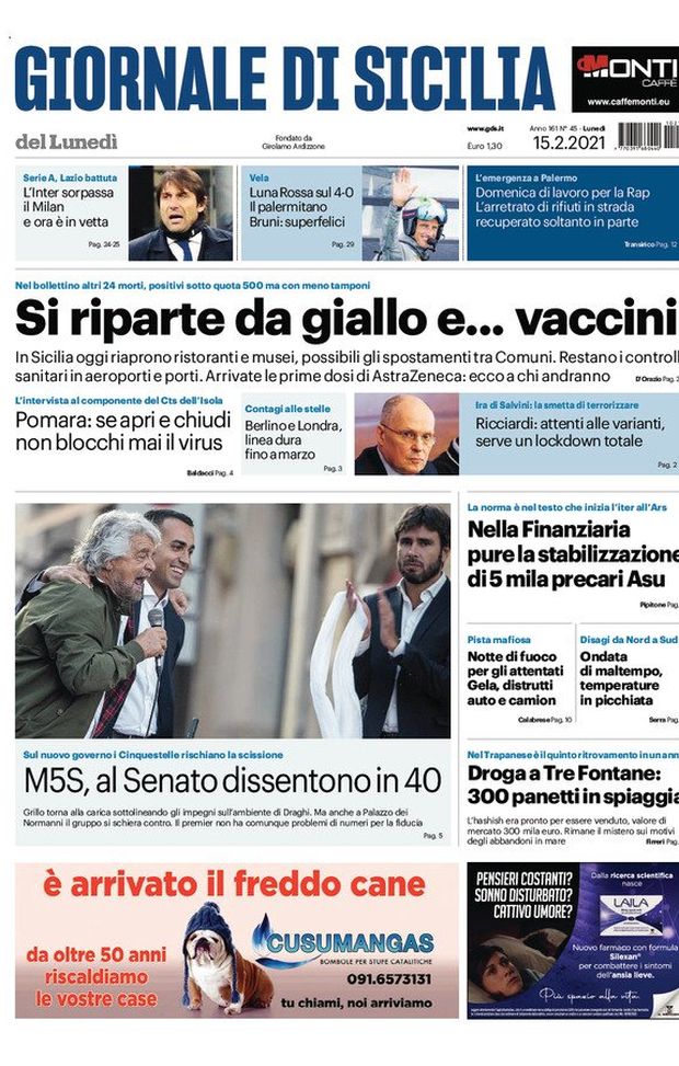 Prima Pagina, Giornale di Sicilia: “Si riparte da giallo e… vaccini. In Sicilia oggi riaprono ristoranti e musei” 