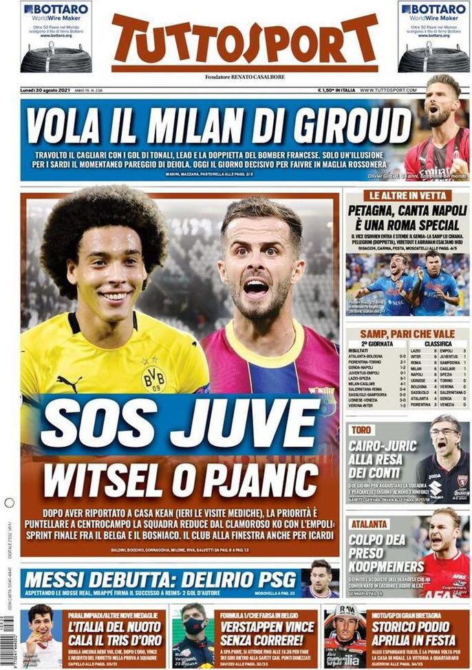 Prima Pagina, Tuttosport: “SOS Juve, Witsel o Pjanic. Vola il Milan di Giroud” 