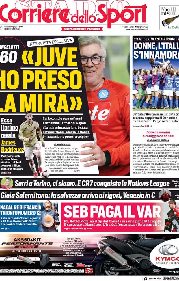 Prima Pagina, Corriere dello Sport: “Juve ho preso la mira. Donne, l’Italia s’innamora. Sarri a Torino” Prima Pagina, Corriere dello Sport: “Juve ho preso la mira. Donne, l’Italia s’innamora. Sarri a Torino”