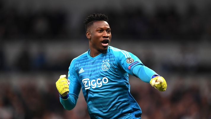 LONDON, ENGLAND - APRIL 30:  Andre Onana of Ajax celebrates as Donny van de Beek scores his team's first goal during the UEFA Champions League Semi Final first leg match between Tottenham Hotspur and Ajax at at the Tottenham Hotspur Stadium on April 30, 2019 in London, England. (Photo by Shaun Botterill/Getty Images) 