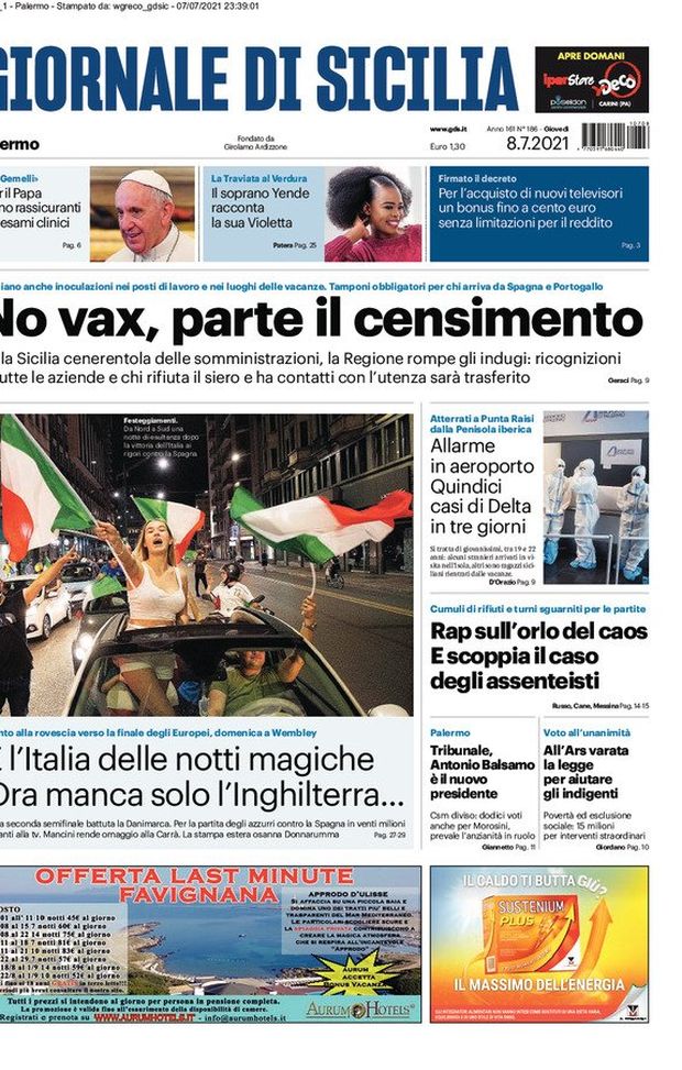 Prima Pagina, Giornale di Sicilia: “Italia delle notti magiche. Manca solo l’Inghilterra“ 