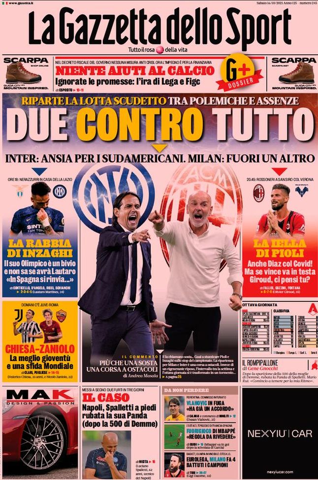 Prima Pagina, La Gazzetta dello Sport: “Due contro tutto, riparte la lotta scudetto”  Prima Pagina, La Gazzetta dello Sport: “Due contro tutto, riparte la lotta scudetto” - immagine 1