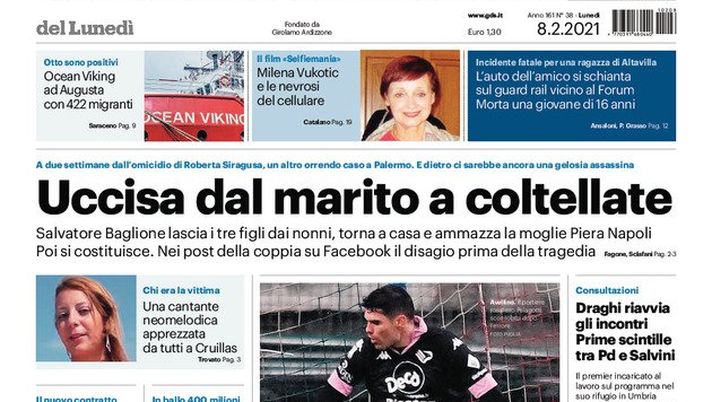 Prima Pagina, Giornale di Sicilia: “Uccisa dal marito a coltellate. Paperissima Pelagotti e il Palermo affonda” 
