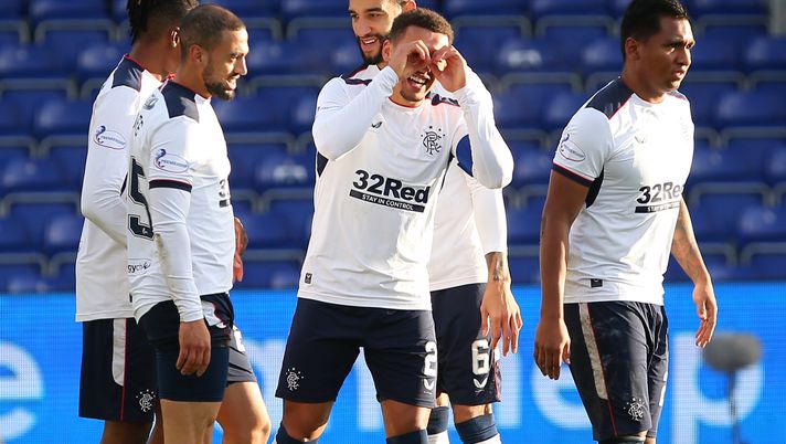 DINGWALL, SCOTLAND - DECEMBER 06: James Tavernier (C) of Rangers celebrates after scoring their sides second goal during the Ladbrokes Scottish Premiership match between Ross County and Rangers at Global Energy Stadium on December 06, 2020 in Dingwall, Scotland. A limited number of spectators (300) will be in attendance as Covid-19 pandemic restrictions are eased in Scotland. (Photo by Paul Campbell/Getty Images) DINGWALL, SCOTLAND - DECEMBER 06: James Tavernier (C) of Rangers celebrates after scoring their sides second goal during the Ladbrokes Scottish Premiership match between Ross County and Rangers at Global Energy Stadium on December 06, 2020 in Dingwall, Scotland. A limited number of spectators (300) will be in attendance as Covid-19 pandemic restrictions are eased in Scotland. (Photo by Paul Campbell/Getty Images)