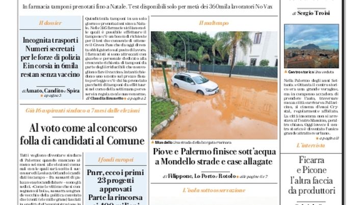 Prima Pagina, La Repubblica-Palermo: “A Mondello strade e case allagate” Prima Pagina