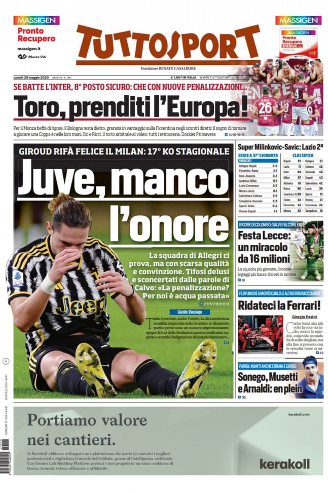 Prima Pagina Tuttosport 29/05/2023