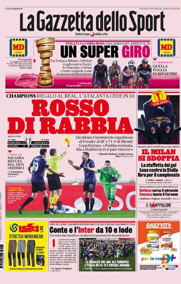Prima Pagina, La Gazzetta dello Sport: “Rosso di rabbia. Il Milan si sdoppia. Conte e l’Inter da 10 e lode” Prima Pagina, La Gazzetta dello Sport: “Rosso di rabbia. Il Milan si sdoppia. Conte e l’Inter da 10 e lode”