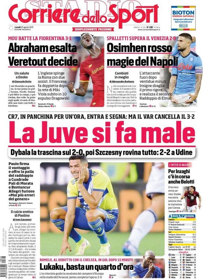 Prima Pagina, Corriere dello Sport: “La Juve si fa male. Abraham esalta!” Prima Pagina, Corriere dello Sport: “La Juve si fa male. Abraham esalta!”