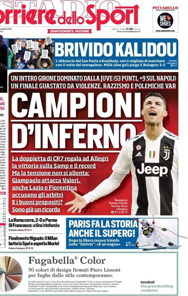 Prima Pagina, Corriere dello Sport: “Campioni d’inferno. Brivido Kalidou. La Roma corre. Finalmente Higuain…” Prima Pagina, Corriere dello Sport: “Campioni d’inferno. Brivido Kalidou. La Roma corre. Finalmente Higuain…”