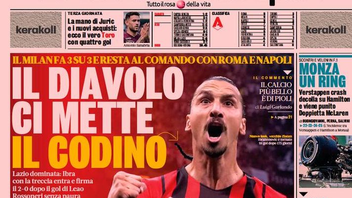 Prima Pagina, La Gazzetta dello Sport: &#8220;Il Diavolo ci mette il codino&#8221; 