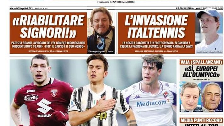Tuttosport, la prima pagina di oggi, martedì 13 aprile 2021 