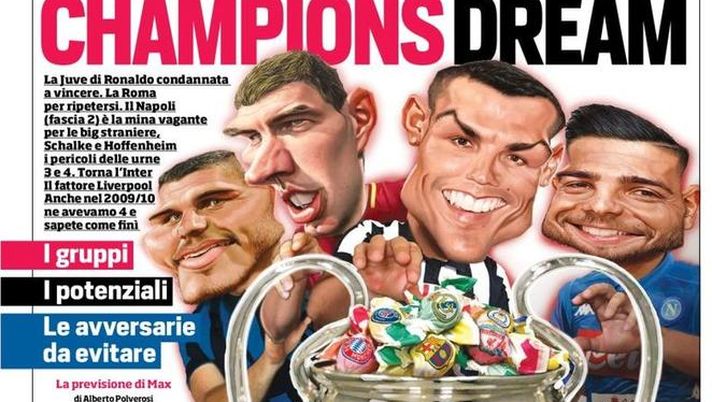 Prima Pagina, Corriere dello Sport: &#8220;Champions dream. Germania, una strana pulizia. MancioItalia, idea Barella. Milan-Roma&#8230;&#8221; 