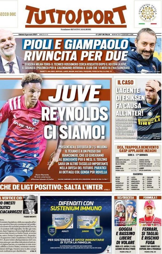 Prima Pagina, Tuttosport: “Juve-Reynolds, ci siamo! Pioli e Giampaolo, rivincita per due” 